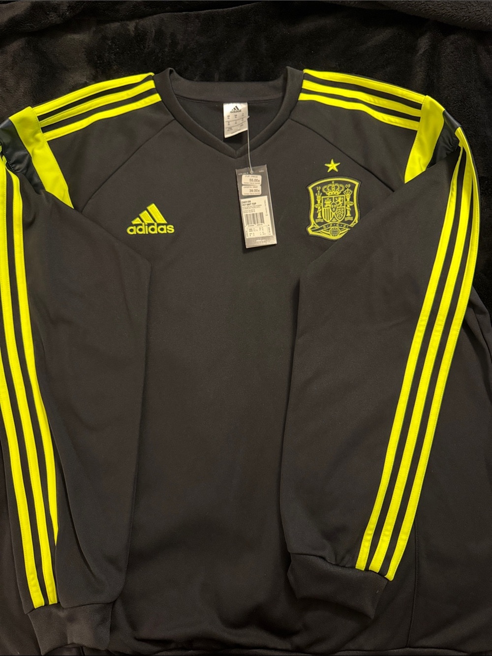 adidas Men's Black Crewneck Sweater with Neon Yellow Accents - Spain Crest